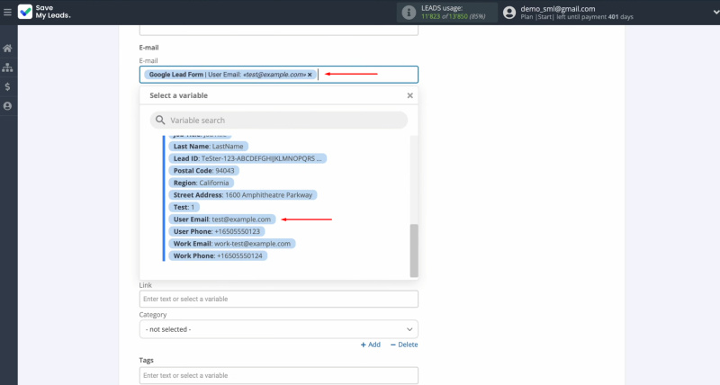 Google Lead Form and Copper integration | Select variables from the drop-down menu