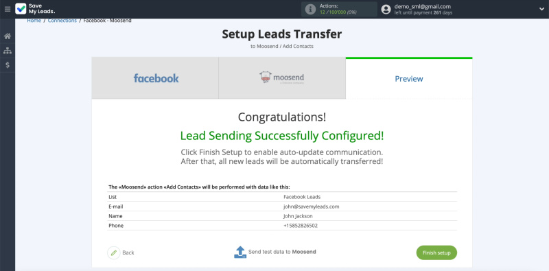 How to set up the upload of new leads from your Facebook ad account in Moosend | Example of data from one of the leads