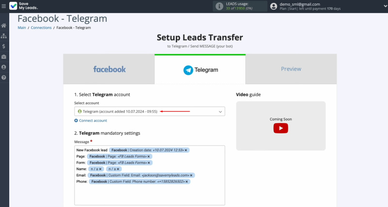 Facebook and Telegram integration | Select the connected login