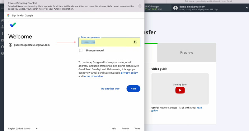 TikTok and Gmail integration | Specify the password of your Google account