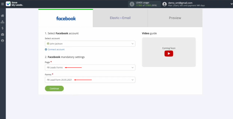 Elastic Email and Facebook integration | Select the advertising page and the form