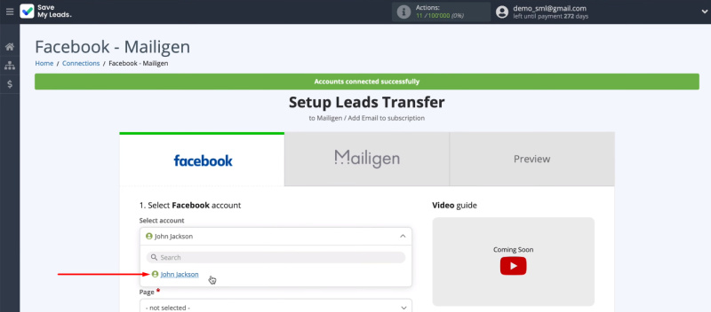 Facebook and Mailigen integration | Select the added FB account