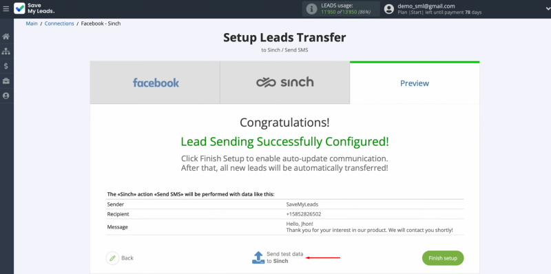 Facebook and Sinch integration | Click “Send test data to Sinch”
