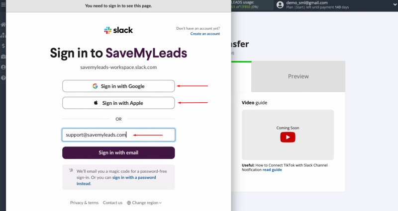 TikTok and Slack integration | Enter your Slack login credentials