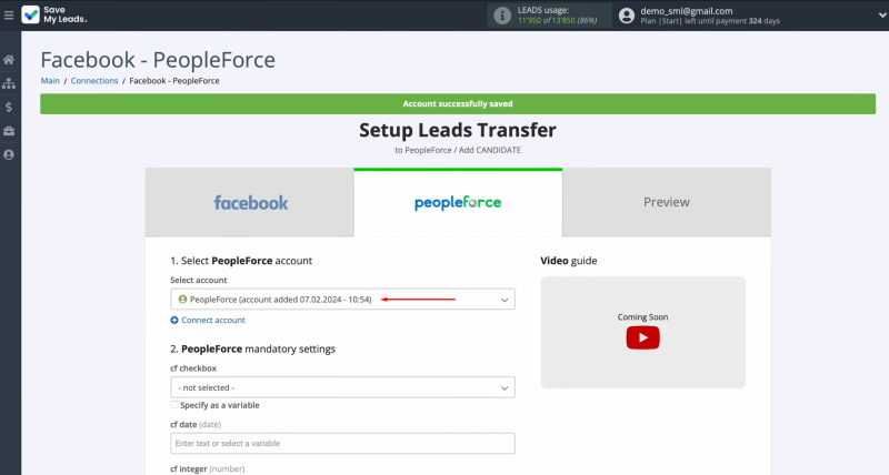 PeopleForce and Facebook integration | Select the connected login