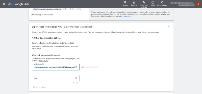 Google Lead Form and Smartsheet integration | Paste the URL in the required field