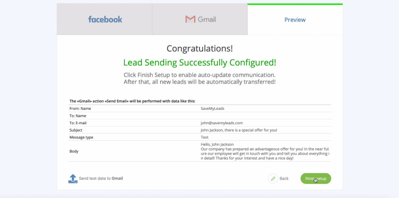 Facebook Lead Ads + Gmail Integration | Click Finish Setup