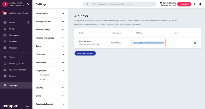 Google Lead Form and Copper integration | Copy the API key