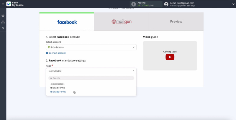 Facebook and Mailgun integration | Select an advertising page&nbsp;
