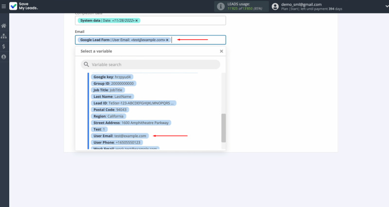 Google Ads Lead Form and Notion integration | Select variables from the drop-down list