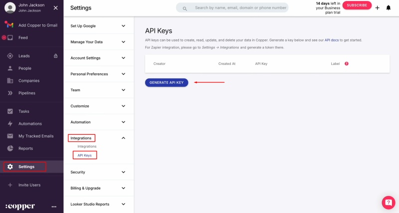 Find the “Integrations” tab and create a new key