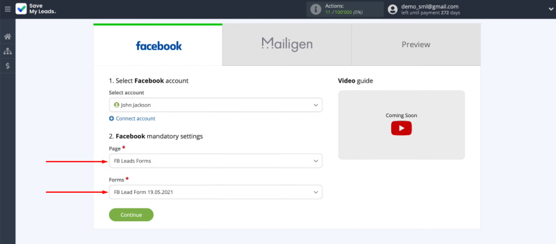 Facebook and Mailigen integration | Select an ad page and a lead form