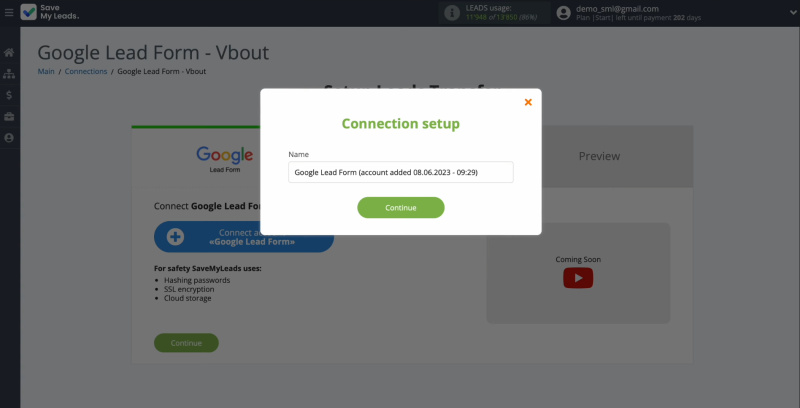 Google Ads Lead Form and Vbout integration | Name this connection or simply click "Continue"