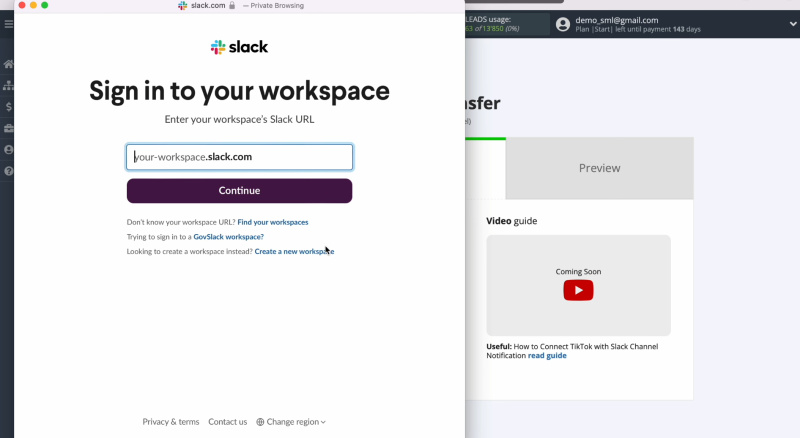 TikTok and Slack integration | Here, you need to specify your Slack workspace