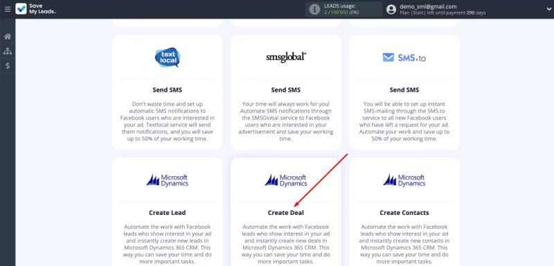 Facebook and Microsoft Dynamics 365 integration | Select template&nbsp;“Microsoft Dynamics (Create Deal)”