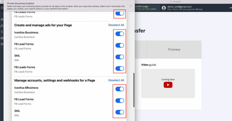 Facebook and Clickatell integration | Leave all access checkboxes enabled