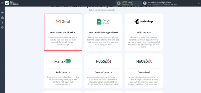 Google Lead Form and Gmail integration | Choose Gmail (Send E-mail Notification)