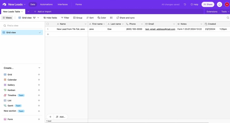 Result of the data transfer to Airtable