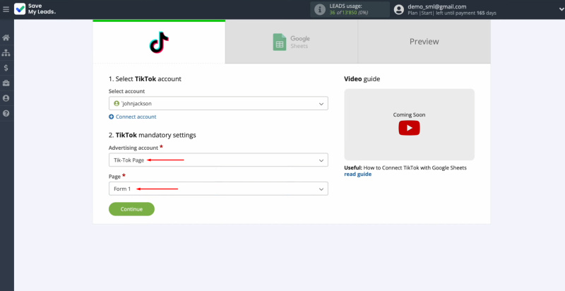 TikTok and Google Sheets integration | Select an advertising page and form