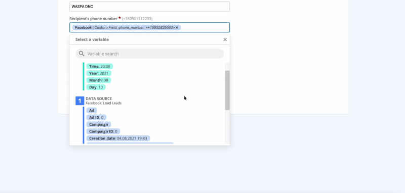 Facebook and BulkSMS integration | Fill in the variables