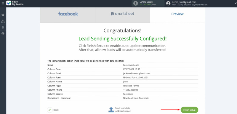 Facebook Lead Ads and Smartsheet integration | Click "Finish setup"