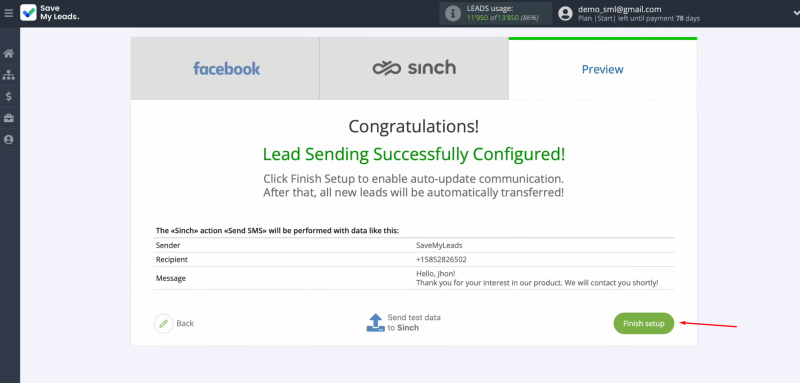 Facebook and Sinch integration | Click “Finish setup”