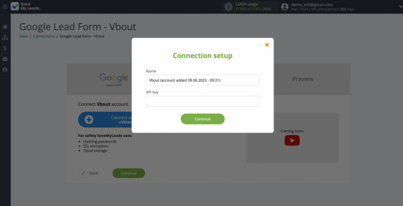 Vbout and Google Leads integration | In this window, you’ll be prompted to enter your API key