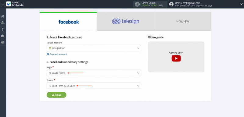Telesign and Facebook integration | Select the advertising page and form