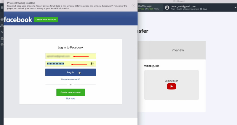 Facebook and Clickatell integration | Specify the login and password