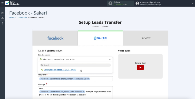 How to Send SMS via Sakari from New Facebook Leads | Select your account