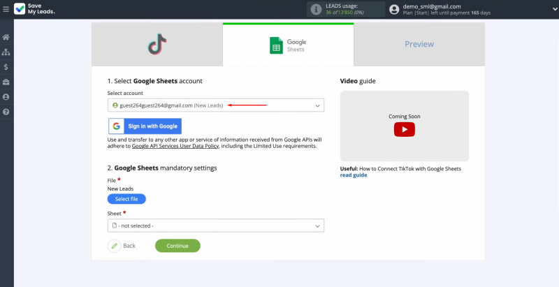 TikTok and Google Sheets integration | Select the connected login