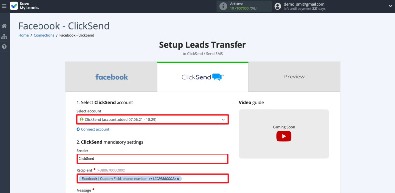 ClickSend and SaveMyLeads integration | Setting up message sending. Part 1