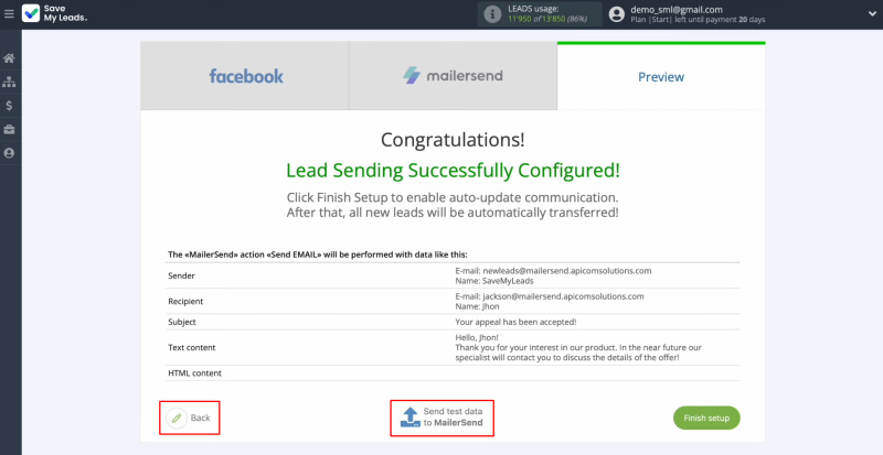 Facebook and MailerSend integration | An example of data
