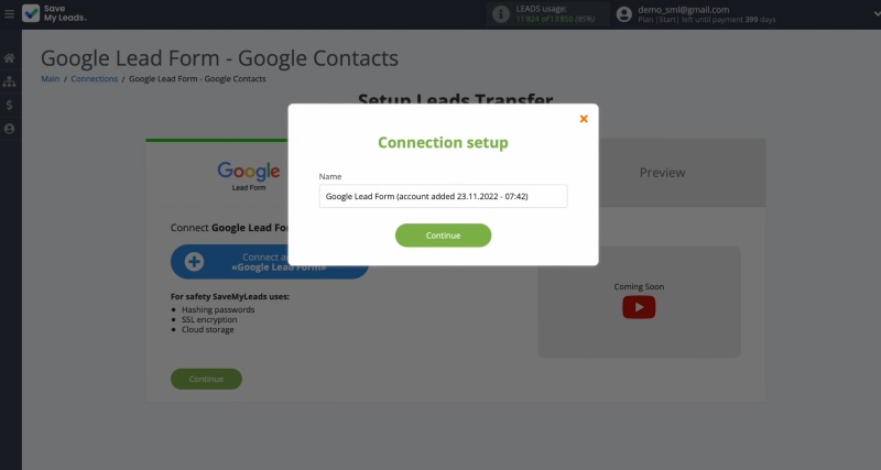 Enter the account name (optional) and click “Continue”