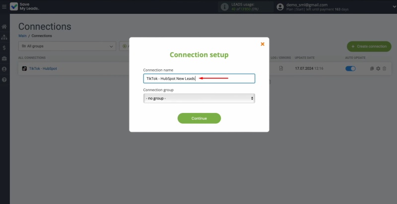 HubSpot integration with TikTok | Modify the connection name and assign it to a group