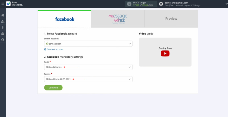 MessageWhiz and Facebook integration | Select the advertising page and the form