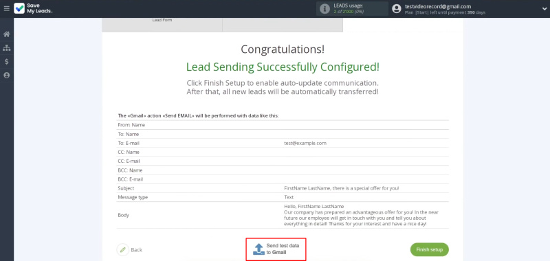 Google Lead Form and Gmail integration | Click "Send Test Data to Gmail"