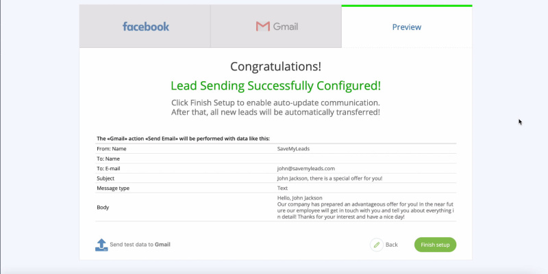 Facebook Lead Ads + Gmail Integration | Test message It
