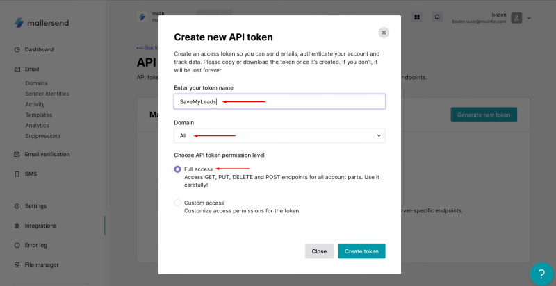 Facebook and MailerSend integration | Create new API token