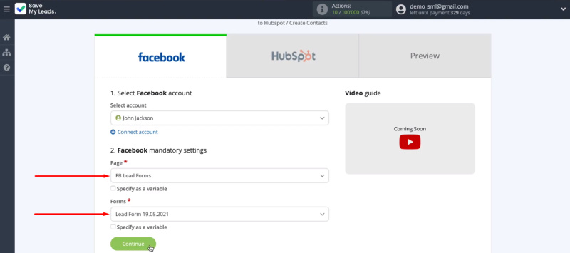 Facebook and HubSpot integration | Define the required parameters