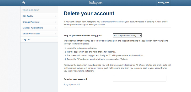 How to delete Instagram account | Enter the reason