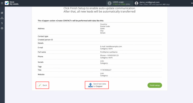 Google Lead Form and Copper integration | Сlick “Back” to revise the setup or “Send test data to Copper”