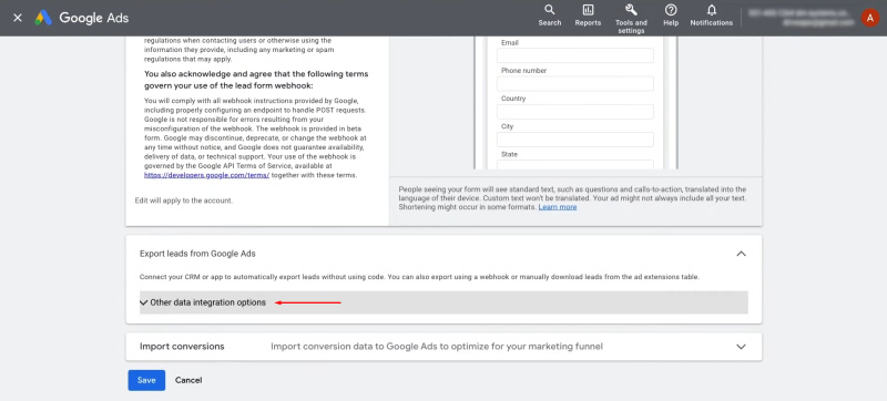 Google Lead Form and Gmail integration | Find the section "Other Data Integration Options"