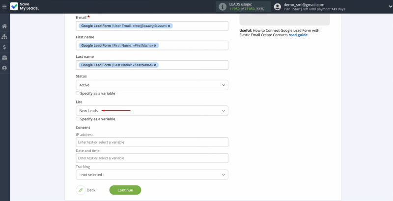 Google Lead Form and Elastic Email integration | Select the list in which new contacts will be created