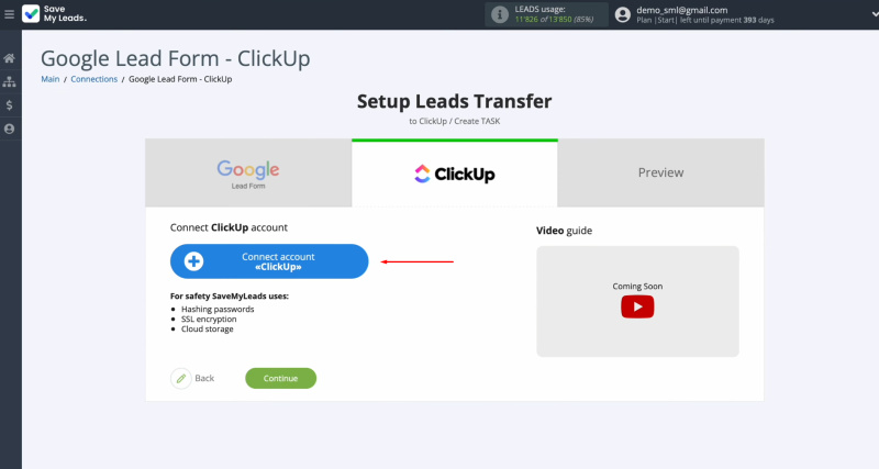 Google Ads Lead Form and ClickUp integration | Start by connecting your ClickUp account to the SaveMyLeads