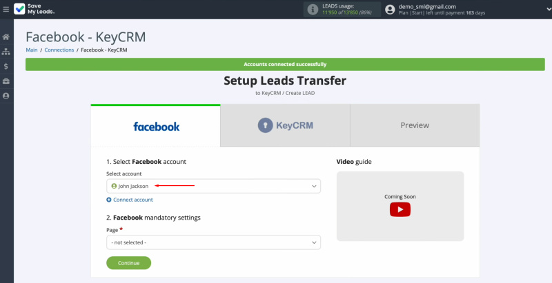 Facebook and KeyCRM integration | Select the connected login