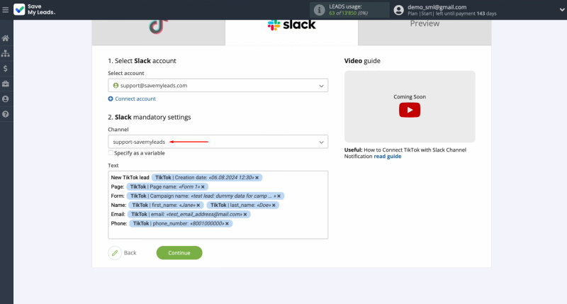 TikTok and Slack integration | Select the channel