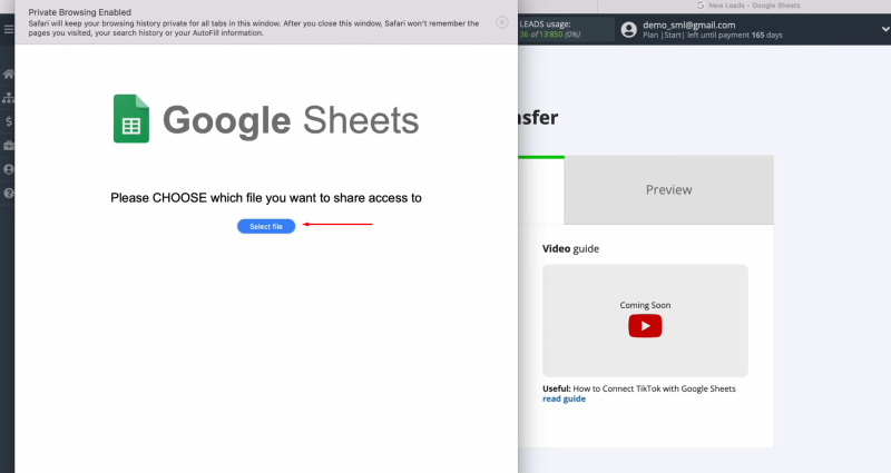 TikTok and Google Sheets integration | Click "Select file"