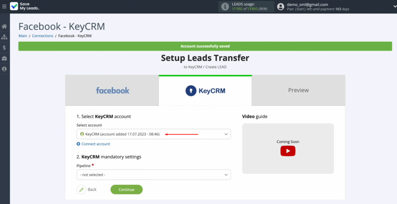 Facebook and KeyCRM integration | Select the connected account