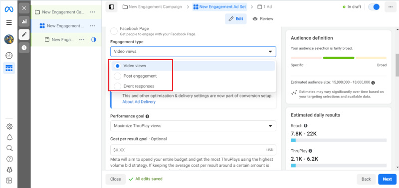 Set up an advertising campaign in Facebook Ads Manager | Engagement type